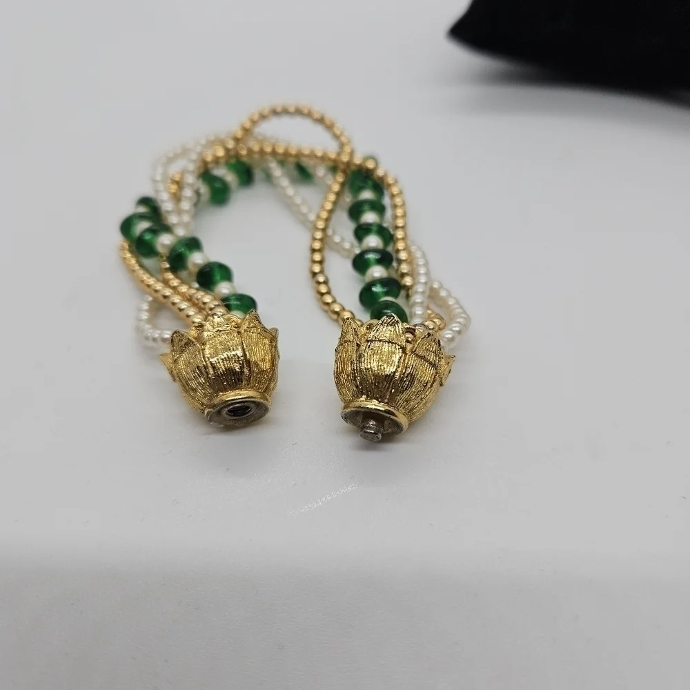 layered beaded bracelet gold tone faux pearl green glass